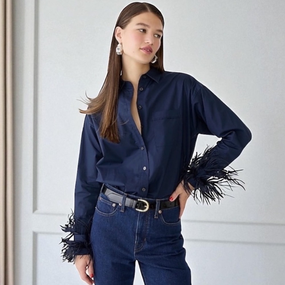 J CREW COLLECTION Feather Trim Cotton Poplin Button Up Shirt Size 10 In Navy
